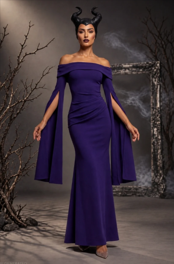 Long Cape Sleeve Maxi Maleficent-Inspired Halloween Costume – Deep Purple